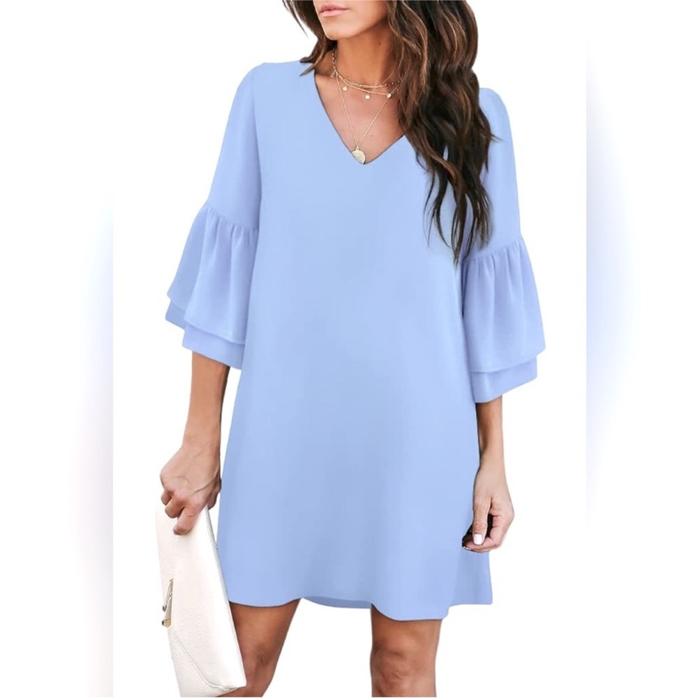 Belonsci Women’s Sweet And Cute V Neck Bell‎ Sleeve Shift Dress In Light Blue